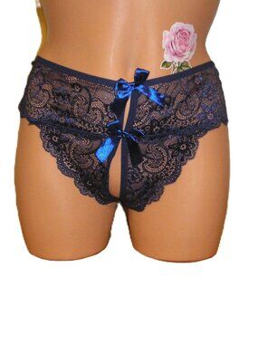 Crotchless Bow Front & Back Dark Blue Lace Panties Lingerie, 0XL  NWOT